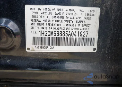 2005 Honda Accord 2.4 Ex from USA, damaged, VIN 1HGCM56885A041927